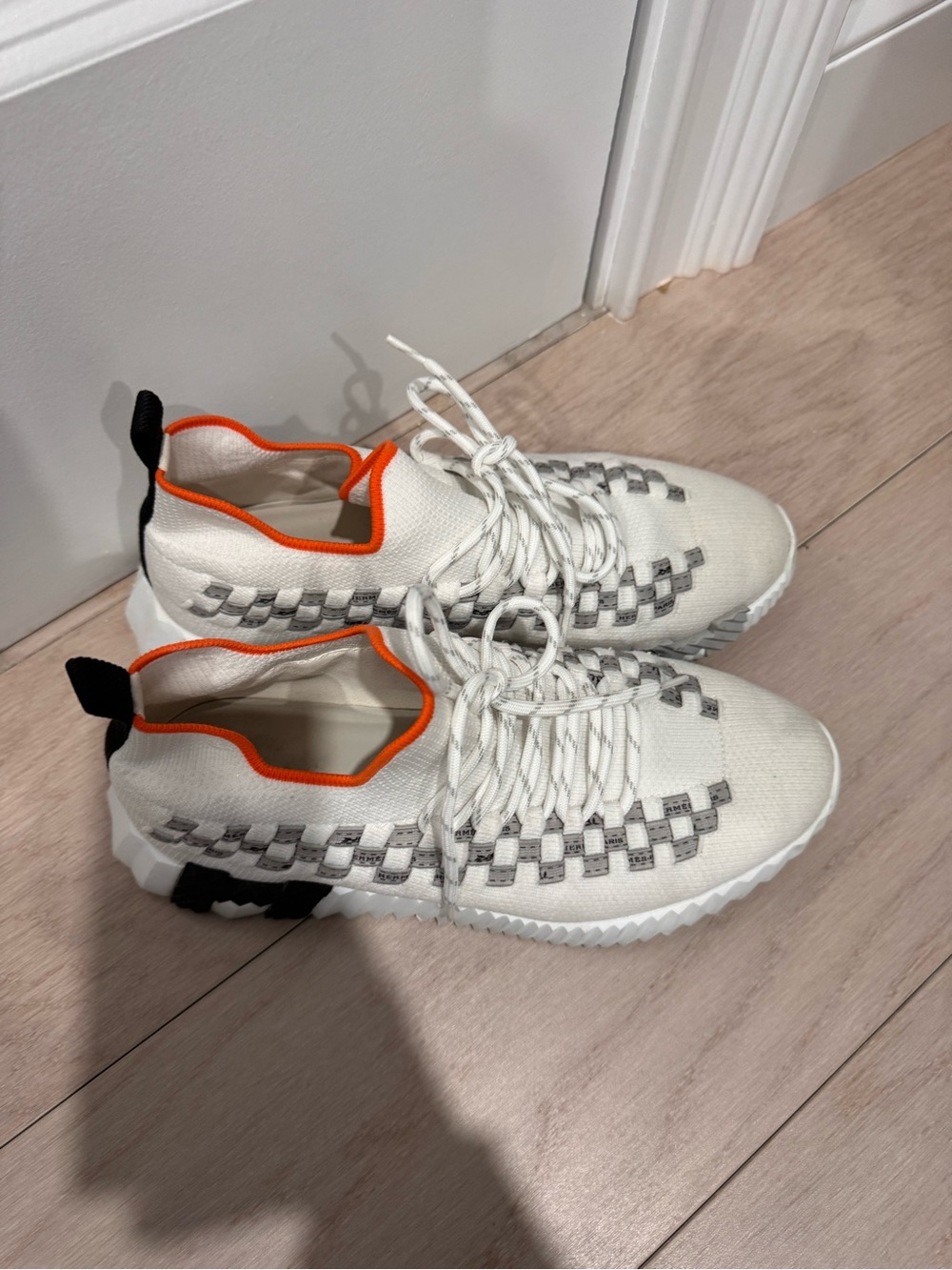 Hermes Cream Knit Sneakers with Orange Trim - Picture 6 of 9
